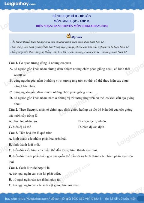 Đề số 5 – Đề kiểm tra học kì 2 – Sinh 12